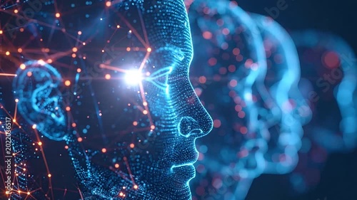 Digital human heads with glowing neural network connections and data particles on a dark abstract background