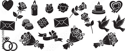 Wedding icons and symbols in black and white