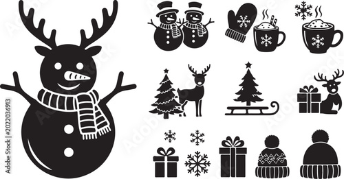 Black and white Christmas icons and symbols set
