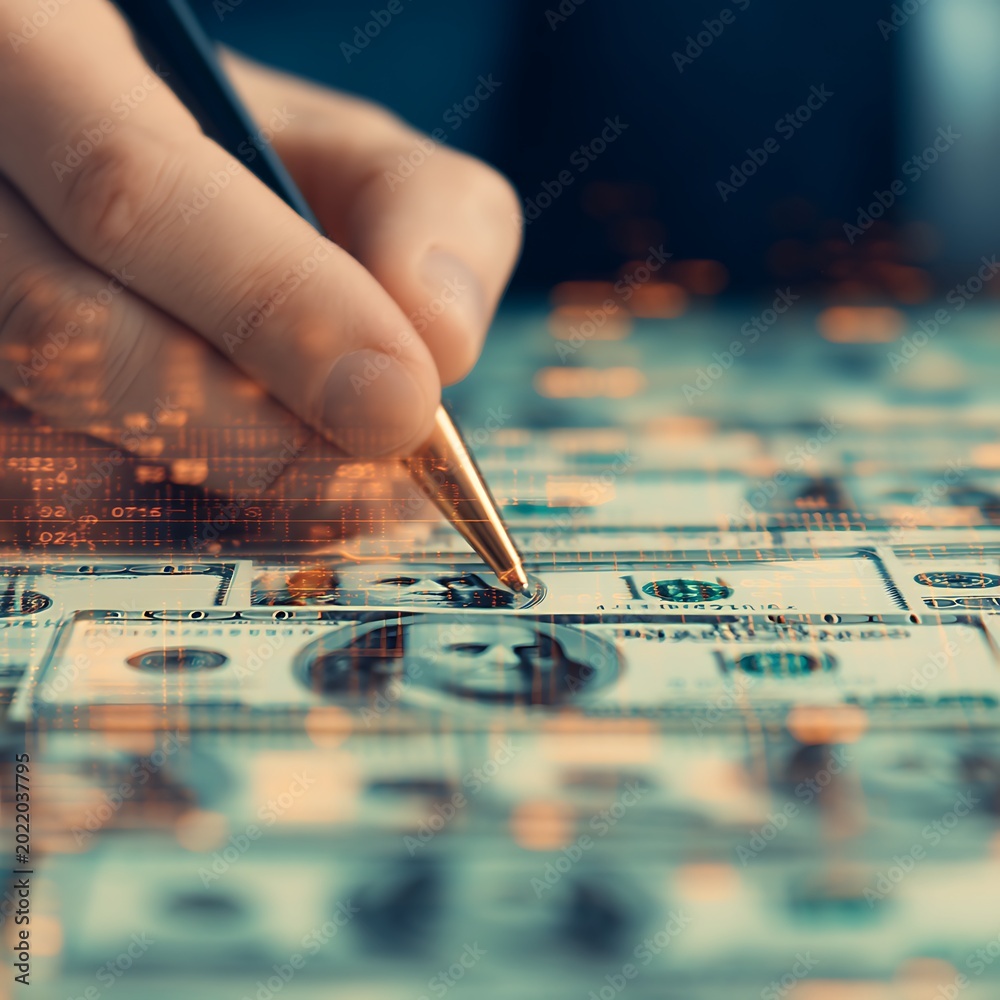 Naklejka premium A hand holding a pen over a surface covered with US dollar bills, overlaid with digital financial data and futuristic graphics.