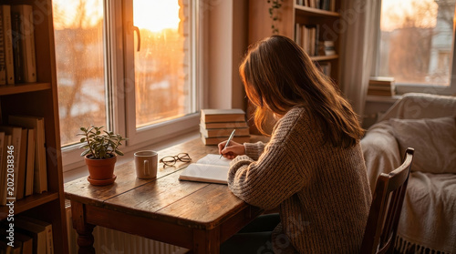 Woman practicing mindfulness and meditation by journaling at wooden desk near window during sunset, creating relaxation and supporting mental health in cozy room