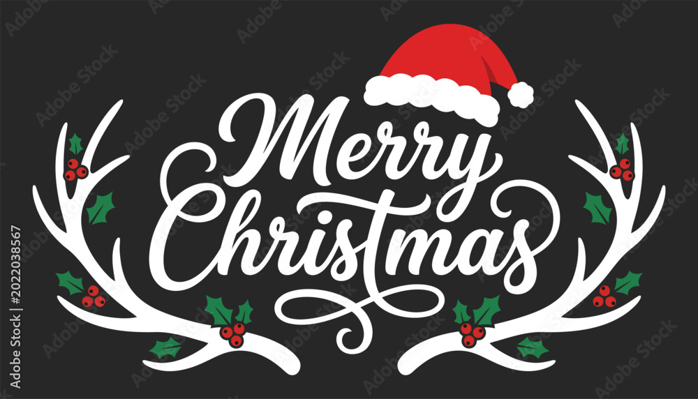 Fototapeta premium Merry christmas festive design with antlers and santa hat on black background