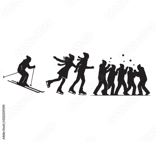 Dynamic silhouettes showcasing a variety of popular winter sports and recreational activities, capturing the essence of joyful outdoor cold-weather fun and active leisure pursuits