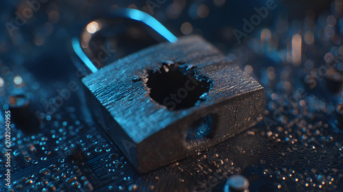 A damaged padlock lies on a circuit board, symbolizing a security breach. The padlock has a large hole through its center, and is lit by blue light.