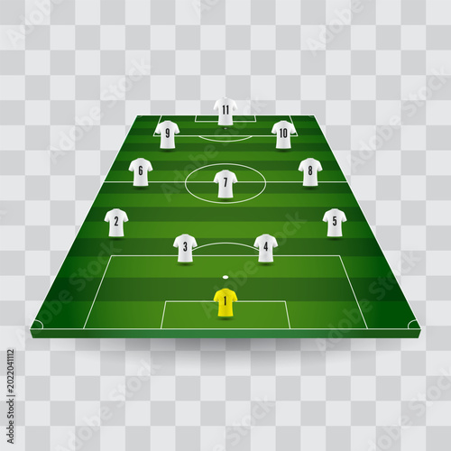 Foto High angle 3D perspective football field vector with 3-4-3 tactical formation and player jersey icons on a transparent background for sports analysis