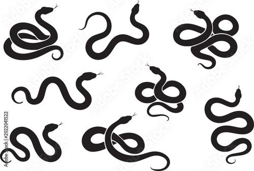 Foto Black snake silhouette collection, set of 8 slithering serpent vector icons, min