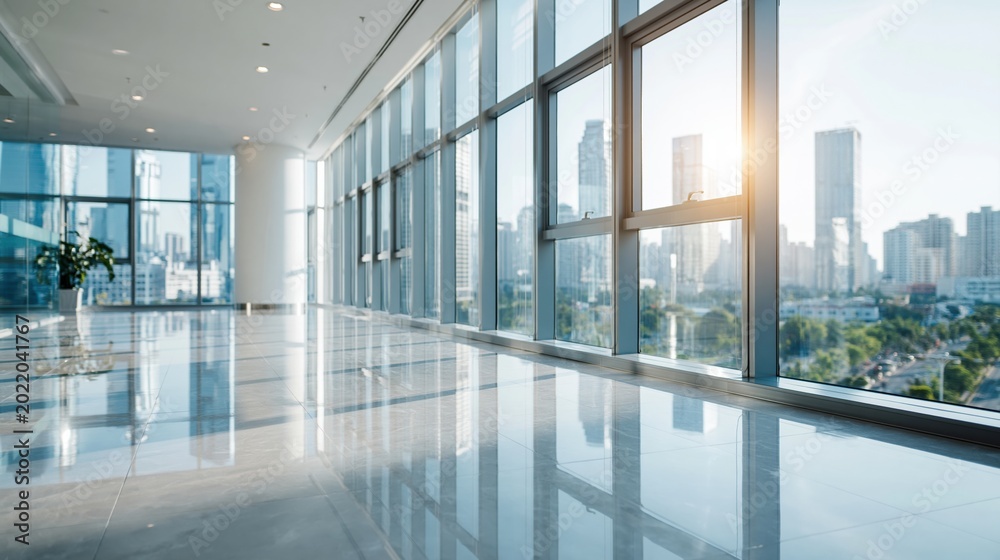Fototapeta premium Modern Bright Corporate Office Interior with City Skyline View at Sunrise