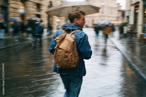 a man in motion, walking down a rain-soaked street