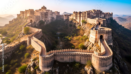 Aerial View of Kumbhalgarh Fort with Hilltop Ramparts in Rajasthan
