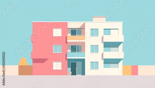 Minimalist apartment building illustration with geometric architecture and soft pastel colors