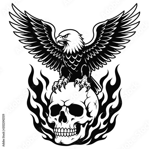 Eagle perched on a human skull surrounded by flames, vector illustration