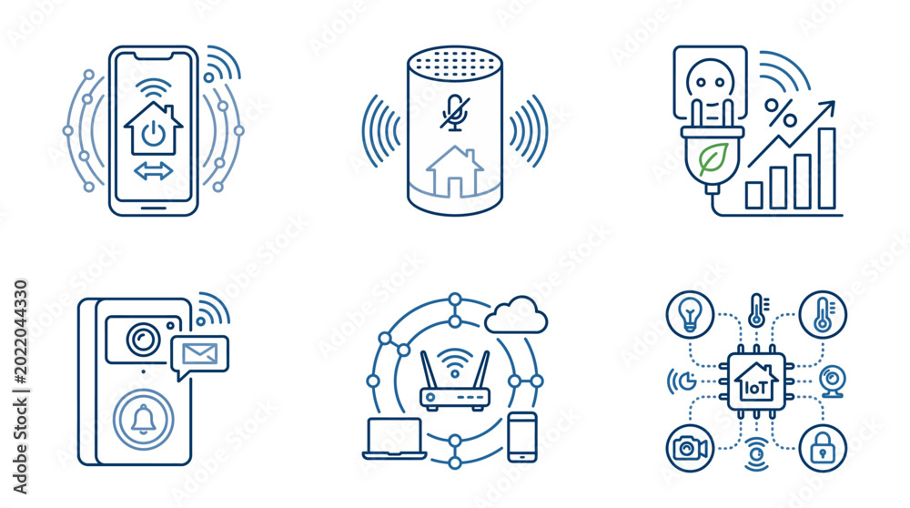 Fototapeta premium Smart home technology icons representing connectivity, security, and energy efficiency for modern living