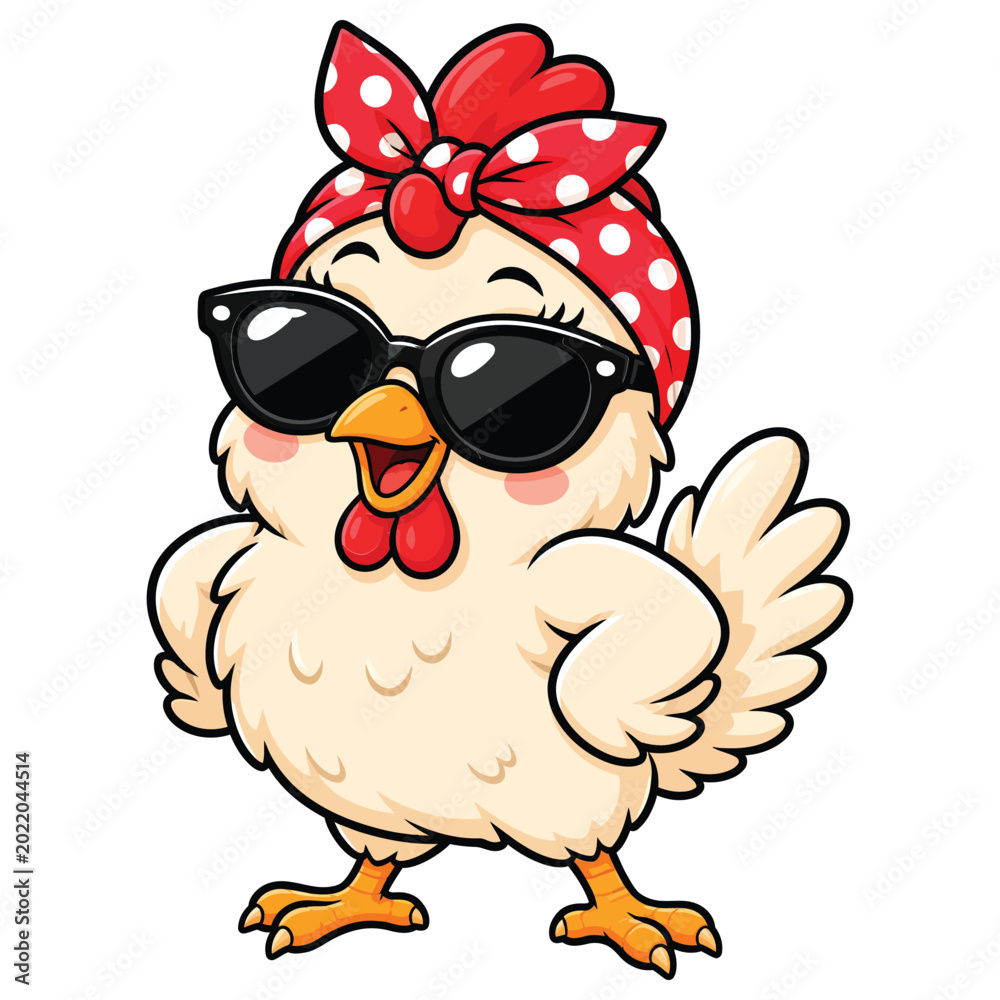 Obraz premium Cute cartoon chicken wearing sunglasses and a red polka dot bandana