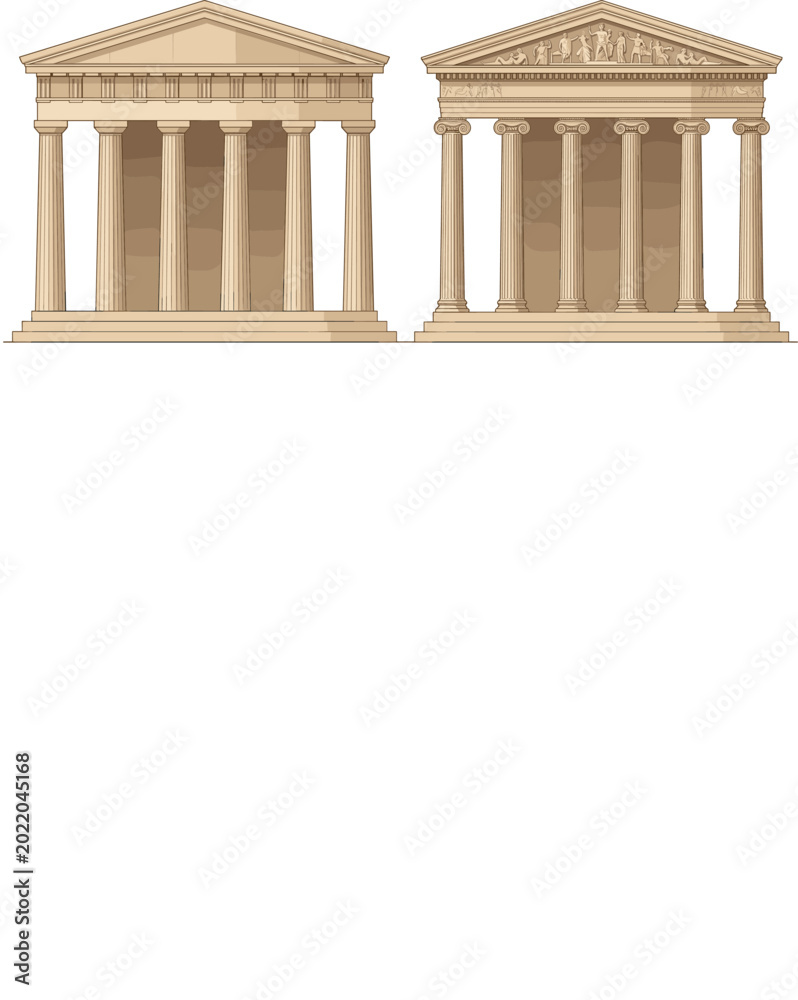 Fototapeta premium Pair of Classical Greek Roman Temple Facades Beige Tan Color with Columns Pediment and Steps Vector Illustration