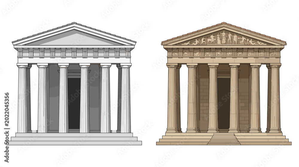 Fototapeta premium Classical Greek Roman Temple Facade with Columns Pediment and Steps White and Beige Color Vector Illustration Set