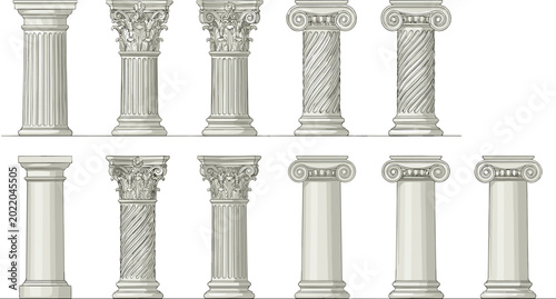 Schilderij op canvas Set of Twelve Classical Architectural Columns Corinthian Ionic Twisted and Flute