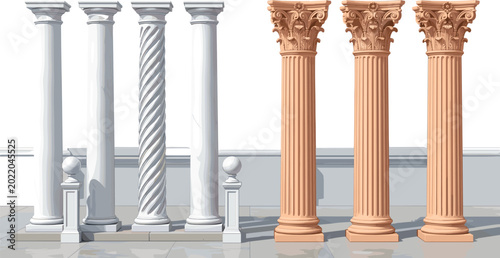 Tableau sur toile Classical White and Beige Corinthian Twisted Fluted Architectural Columns Set Ve