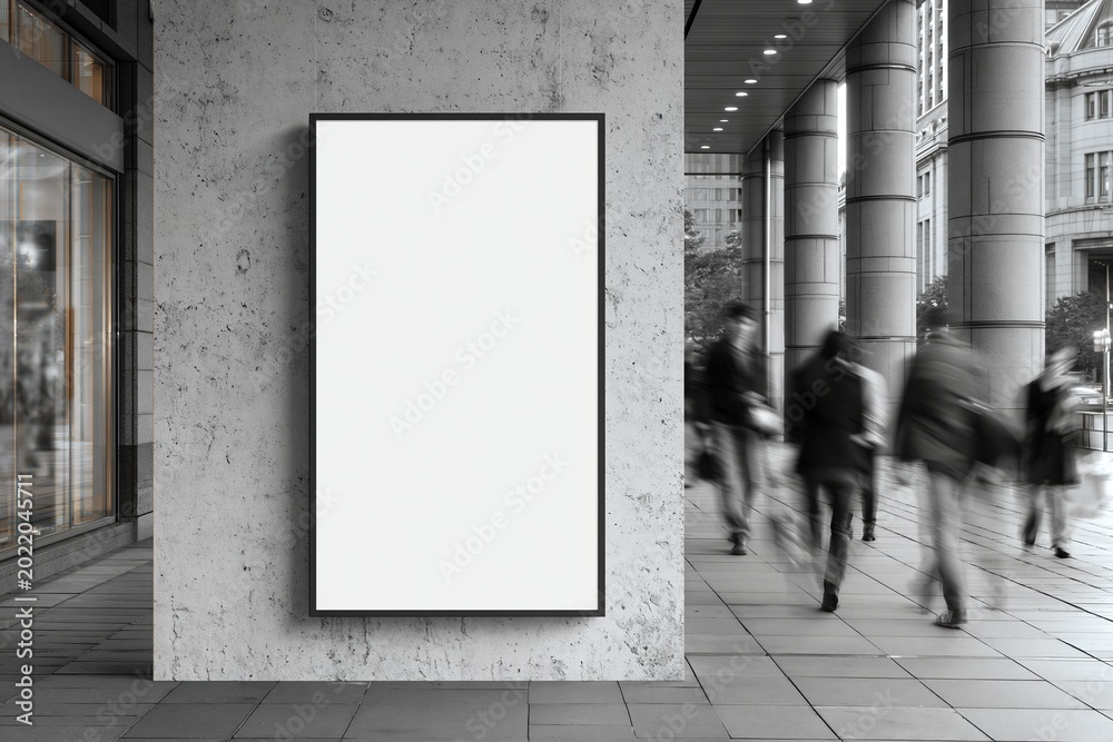 Fototapeta premium Blank White Advertisement Poster Displayed on a Textured Concrete Pillar Outside a Modern Building with Blurred Pedestrians Passing By