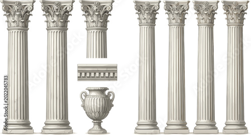 Photos Classical Corinthian Columns with Decorative Urn Vase and Architectural Molding