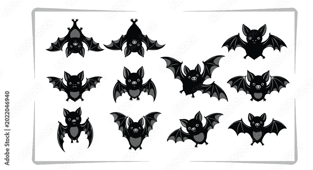 Fototapeta premium Variety of black bat silhouettes in different flying poses halloween theme