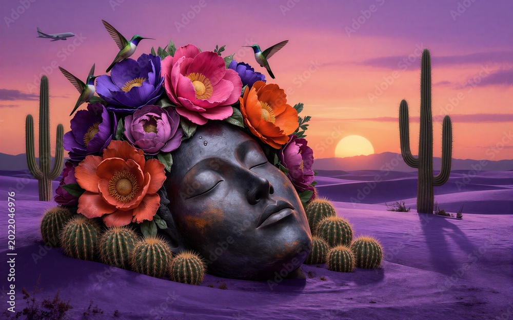 Fototapeta premium A serene face adorned with vibrant flowers and hummingbirds set