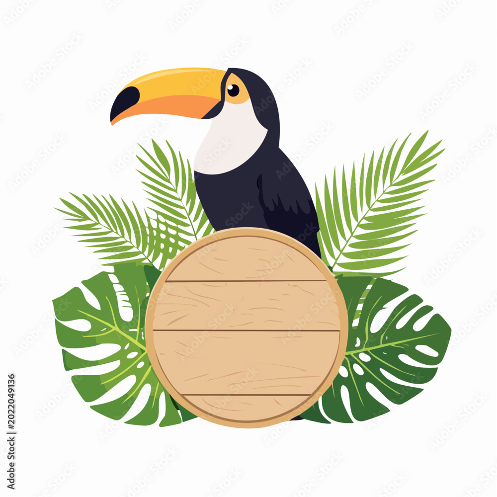 Fototapeta premium Toucan with Tropical Leaves and Wooden Sign