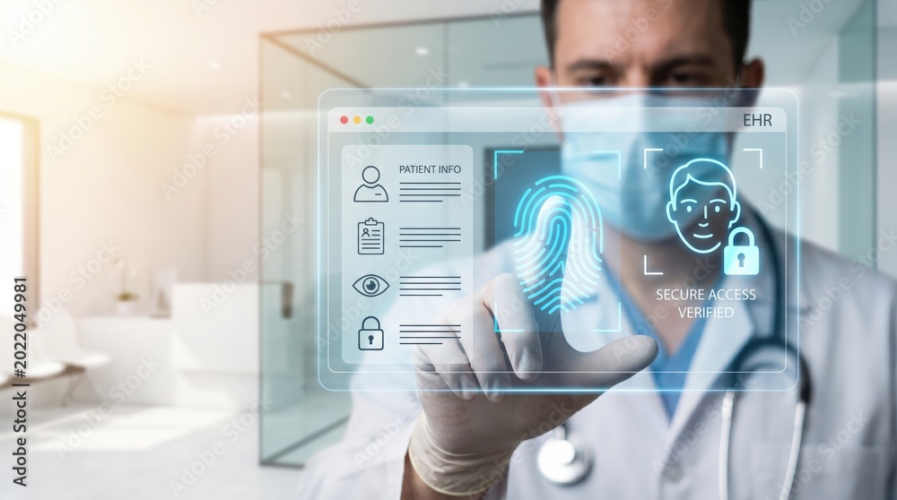 Fototapeta premium Secure Healthcare Data Access Concept: Doctor Verifying Electronic Health Records via Biometric Virtual Screen
