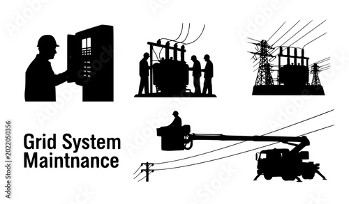 Canvastavla Energy infrastructure silhouette vector set electrical linemen and power grid wo