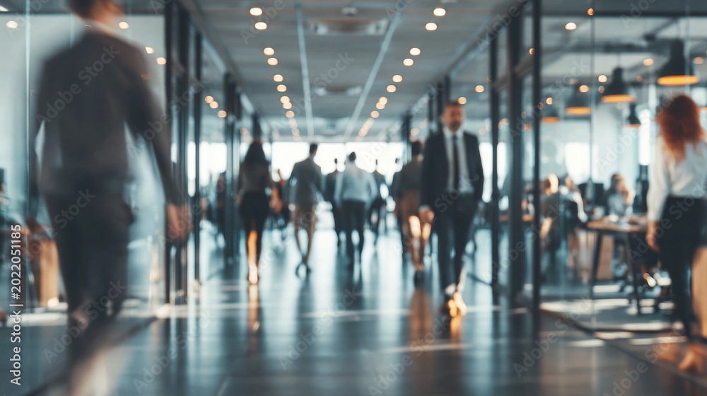 Fototapeta premium Blurry motion of diverse professionals walking through a modern, sunlit office hallway with glass walls