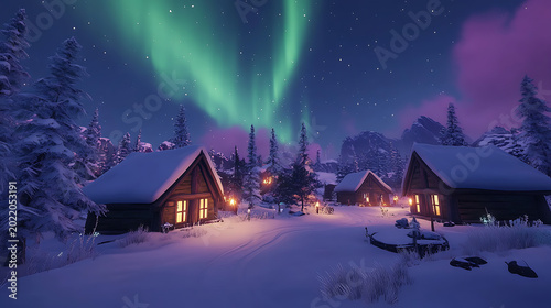Snowy village glowing under the northern lights at night with wooden cabins and trees