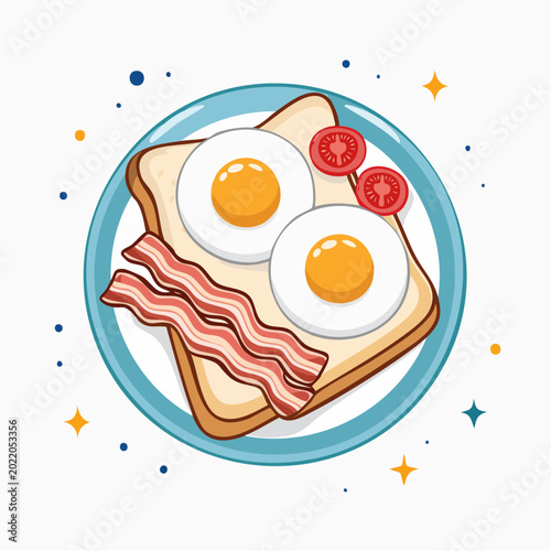Cartoon Breakfast Plate with Fried Eggs, Bacon, and Toast