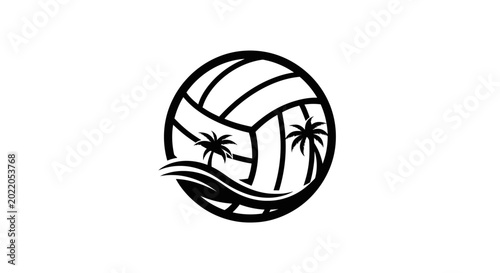 Volleyball Beach Logo Icon Palm Trees Waves Tropical Sport Emblem