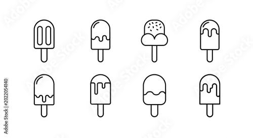 Set of ice cream popsicle icons, minimalist black line art vector