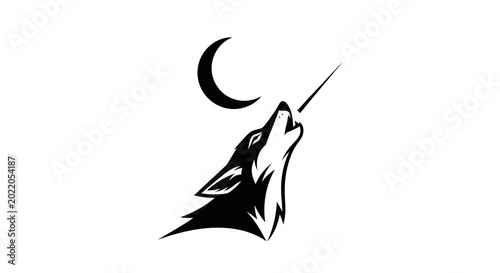 Photography Wolf howling at crescent moon, graphic silhouette, nocturnal animal, wild spirit