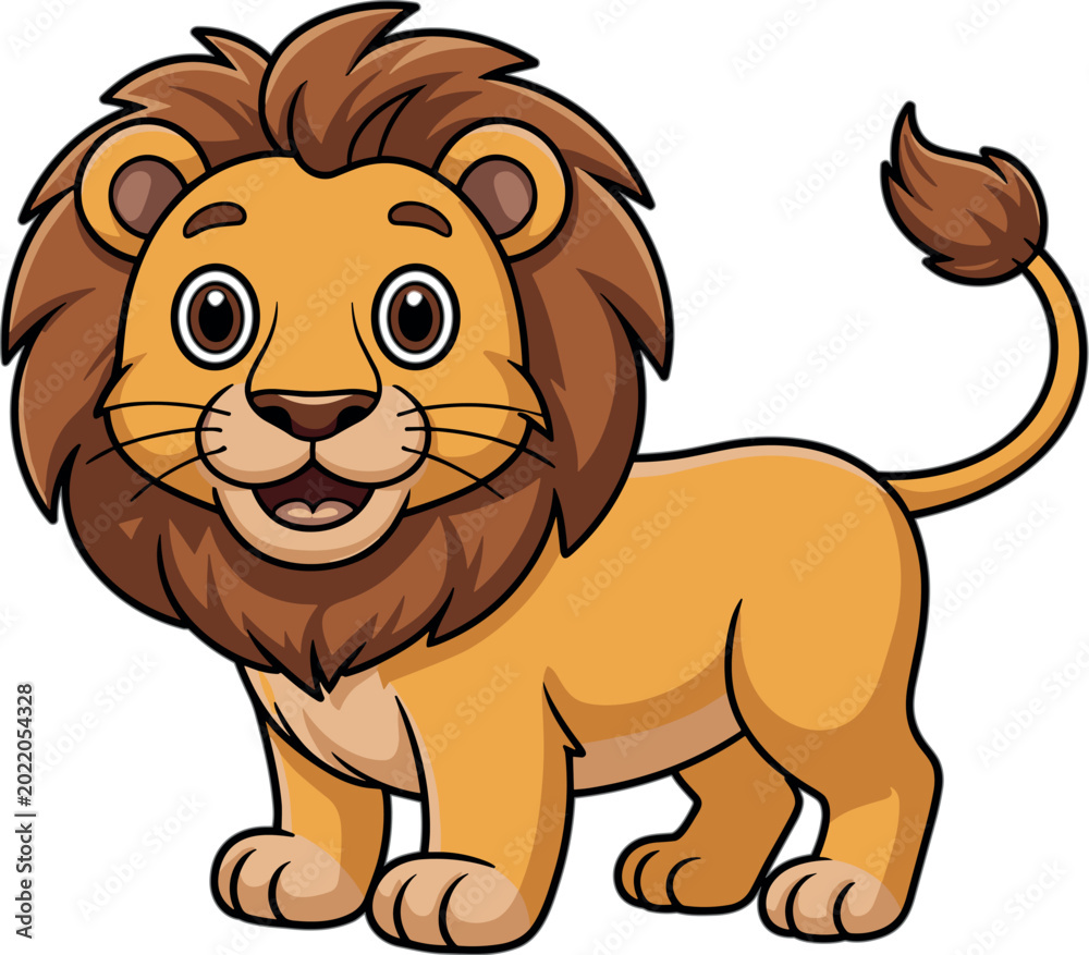 Fototapeta premium Friendly Cartoon Lion Cub Vector Illustration with Thick Brown Mane for Children's Nursery Decor, Safari Birthday Party Branding, and Wildlife Education Mascot Designs