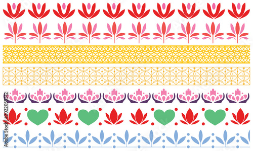 Konstfotografi Vibrant collection of colorful folk art borders featuring elegant floral motifs and geometric patterns on a clean white backdrop
