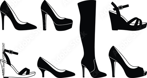 Quadro su tela Professional Women High Heels and Fashion Footwear Silhouette Icon Set for Beaut