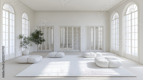 Spacious white living room with modular seating large windows and a plant in a modern interior design