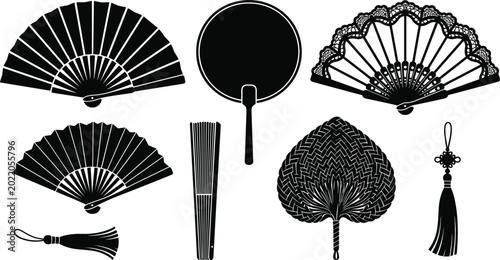 Traditional Asian and Spanish Hand Fan Silhouette Vector Set with Folding Paper Fans Lace Designs and Decorative Tassels