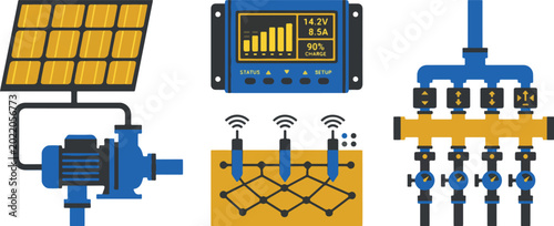 Foto Solar power irrigation pump system and smart water management manifold with wireless soil moisture sensors