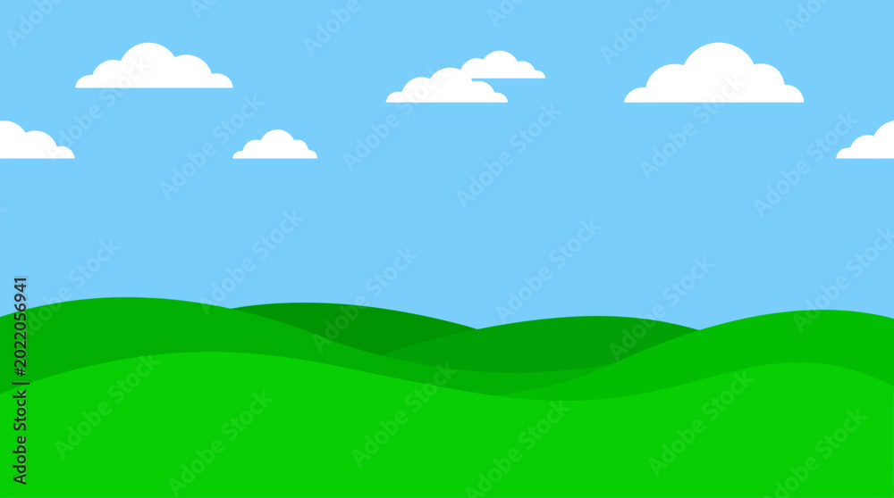 Fototapeta premium a green hill under a blue sky with white clouds.