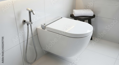 Minimalist white toilet with bidet attachment in luxury bathroom setting