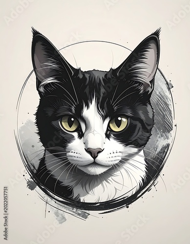 Black and white cat portrait illustration.