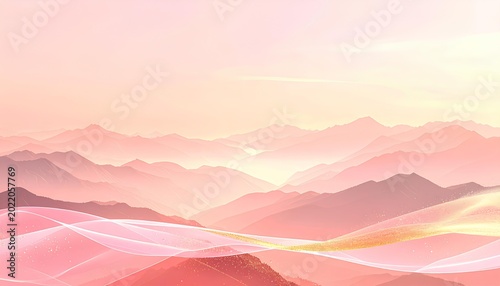 柔らかい桃色の空と連なる山のシルエット / Minimalist landscape of layered mountain silhouettes under peach sky (Generative AI)