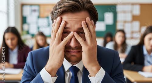 Overwhelmed teacher crying in classroom feeling stressed