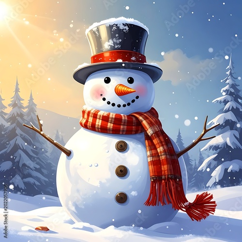 Happy snowman in winter landscape scene.