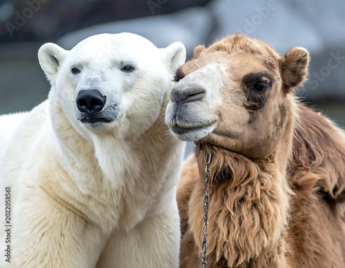 Polar bear and camel standing together.