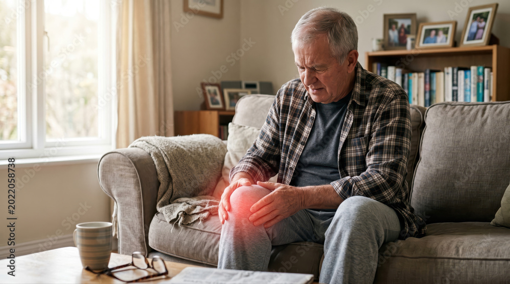 Fototapeta premium Knee pain surgery options concepts. Elderly man sitting on a couch, holding his knee in pain, highlighting joint discomfort indoors.
