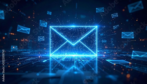 Bright blue envelope pulses with digital energy. Floating icons drift through a glowing network