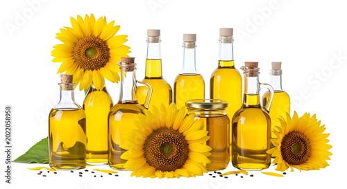 Golden Sunflower Oil Bottles With Yellow Flowers Isolated